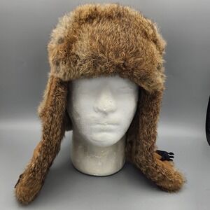 Mad Bomber Trapper Hat XXL Tan Cotton Canvas Real Rabbit Fur Aviator Bomber Cap